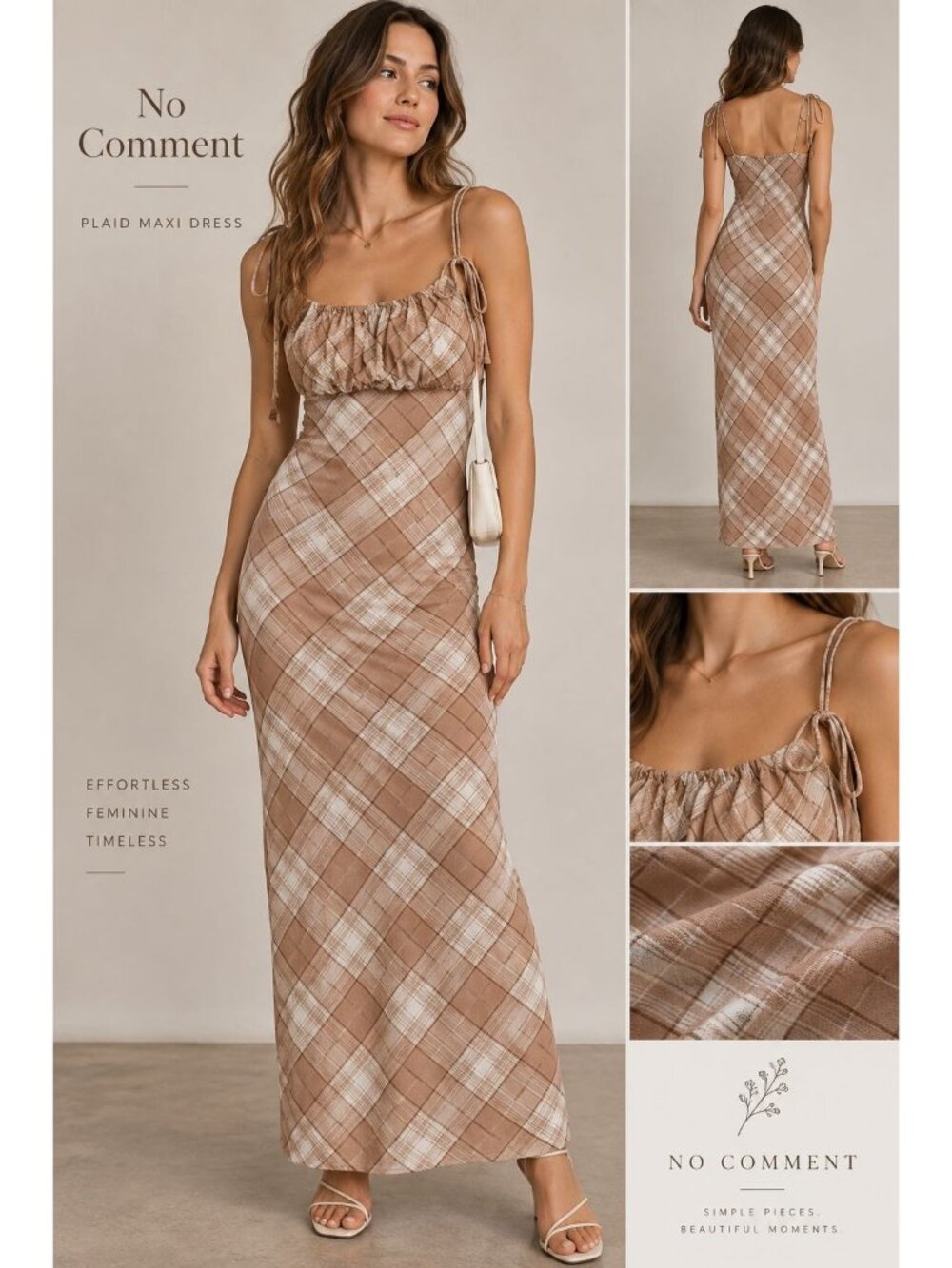 No Comment brown cream plaid maxi dress drawstring neckline tie straps slip M